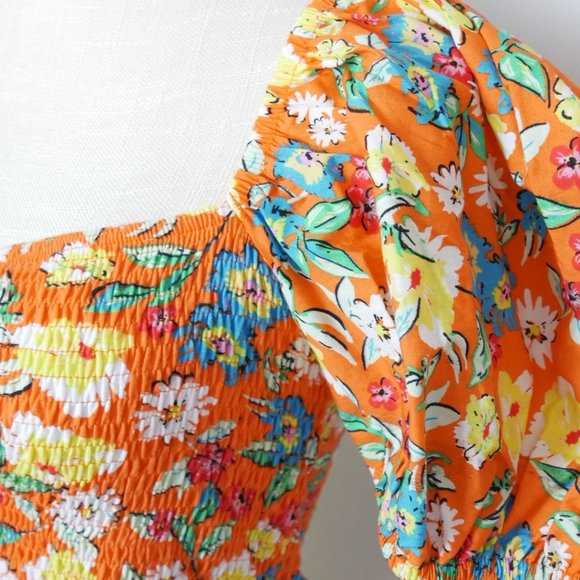 NWT Zara Orange Floral Crop Top Short Bubble Puff Sleeve Large - Picture 7 of 14
